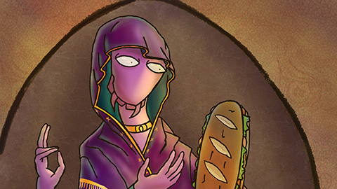 A mantis madonna presents a sandwich