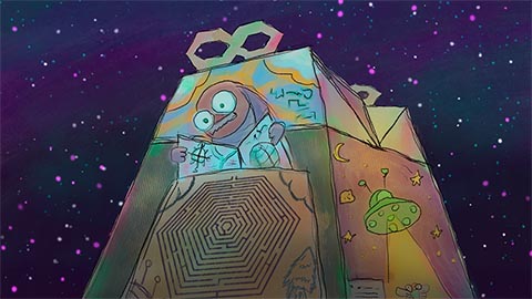 An enormous-looking value meal box with printed images viewed by a small insect in a desert landscape