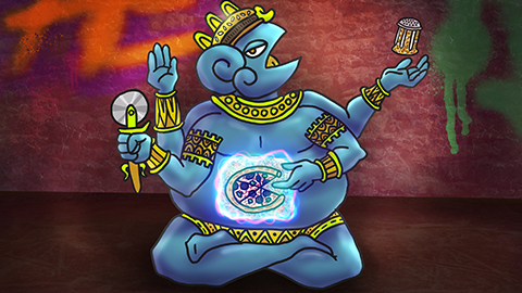 A rotund insect deity presents aspects of pizza